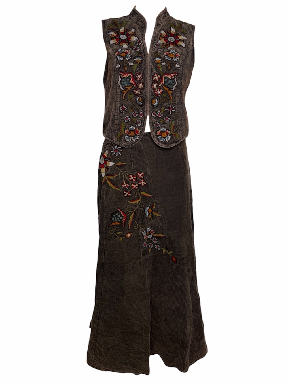 Vintage René Derhy Y2K Embroidered Brown Corduroy Vest Maxi Skirt Two Piece Set